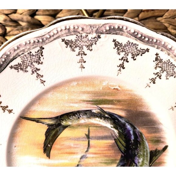 Antique Sterling China Fish Plates, Cabinet Plates, Wall Decor, SET/3 - Picture 3 of 12